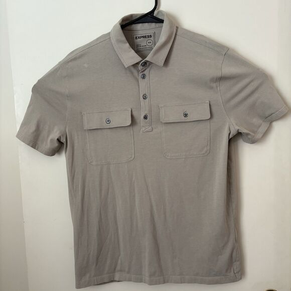 Express Mens Moisture Wicking Short Sleeve Polo Size Medium Beige Stretch Casual - Picture 1 of 7